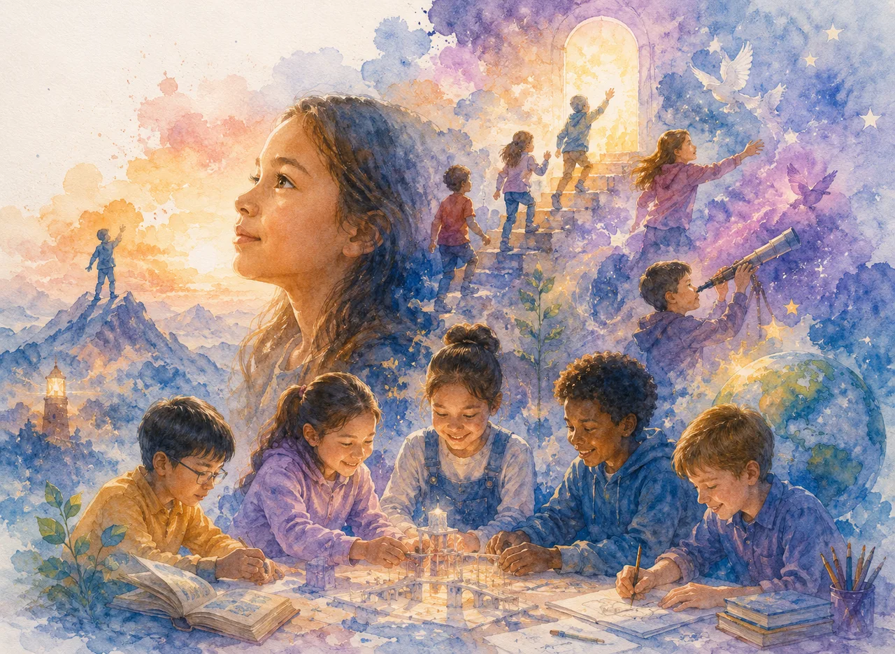 Watercolor — a child looking ahead while classmates study together