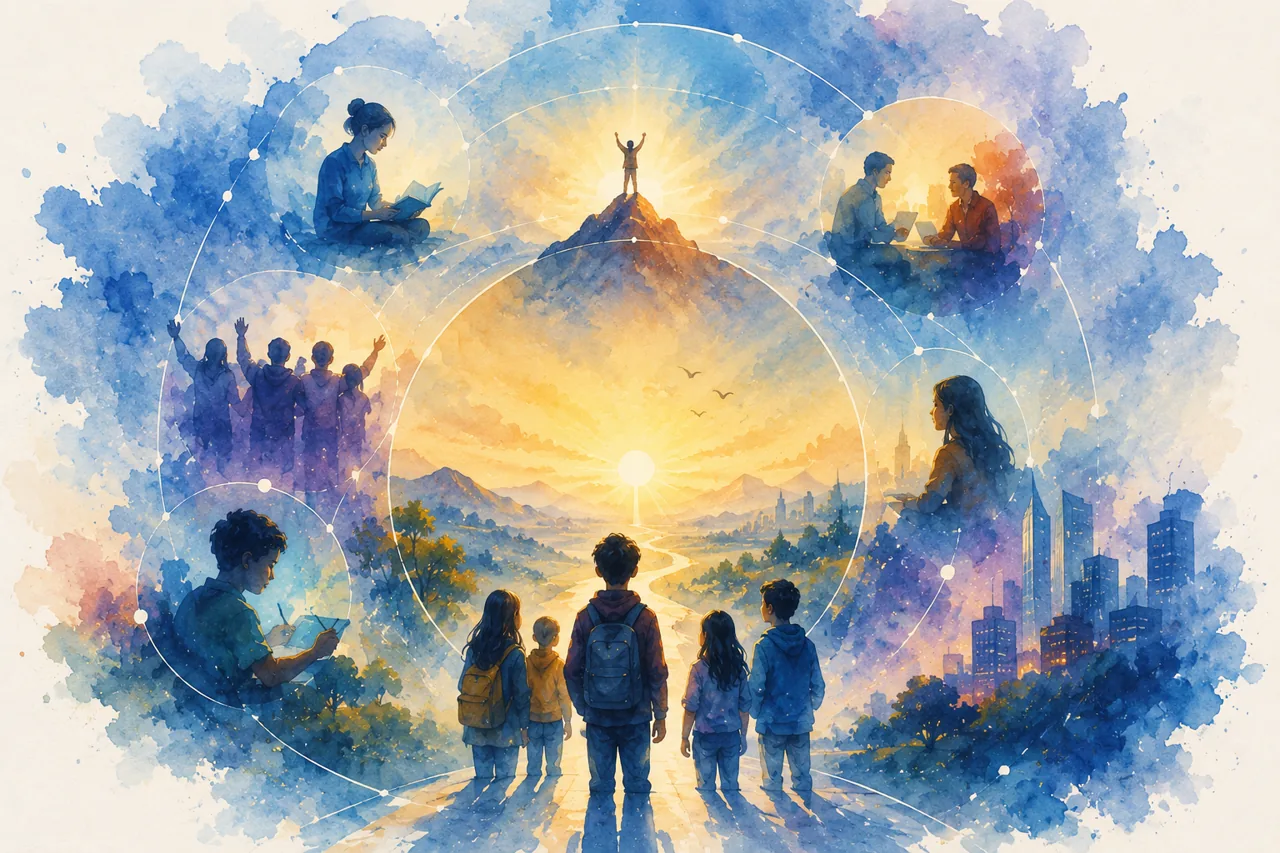 Watercolor — children looking toward a brighter horizon of learning