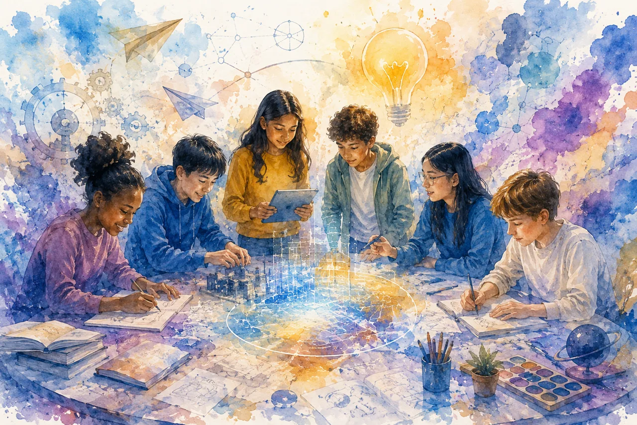 Watercolor — students collaborating around a table as ideas take shape